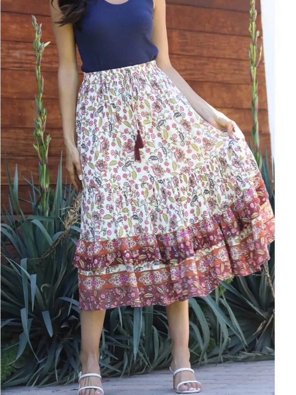 Nostalgia Floral Tiered Midi Skirt in Cream and Rust